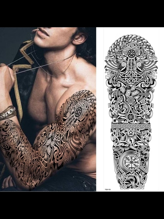 Other - Intricate Viking Nordic Full Sleeve Tattoo - Black Ink Design